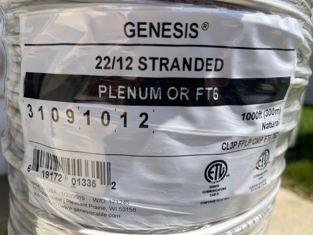 Honeywell Genesis 3109 22/12C Stranded Security/Control Cable Plenum White 1000’