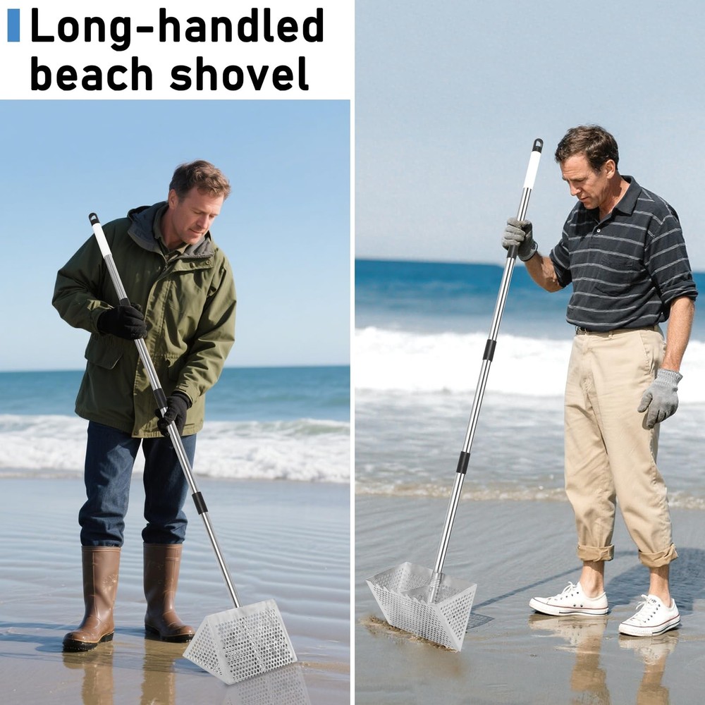 Sand Flea Rake, Long Handle Sifter with 65-Inch Pole - Stainless Silver
