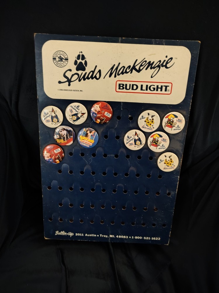 Vintage Spuds Mackenzie Button Display With 11 Buttons