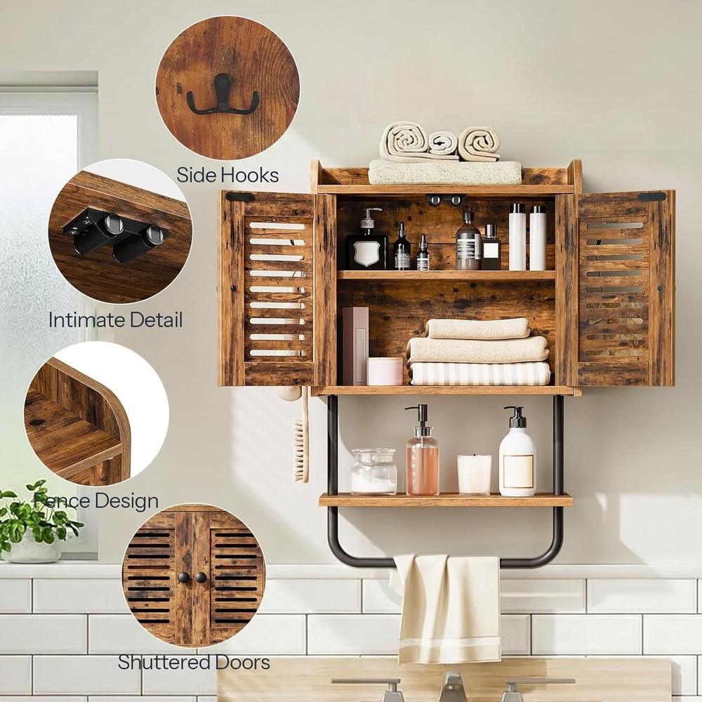 Bathroom Wall Cabinet, Double Doors Cabinet with Towel Bar, Rustic Brown