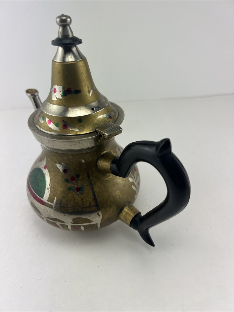 Vintage Ornate Small Middle Eastern Brass & Silver Tea Pot