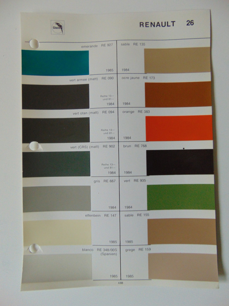 Original Glasurit Renault Paint Chips Sheet - 1984-1985