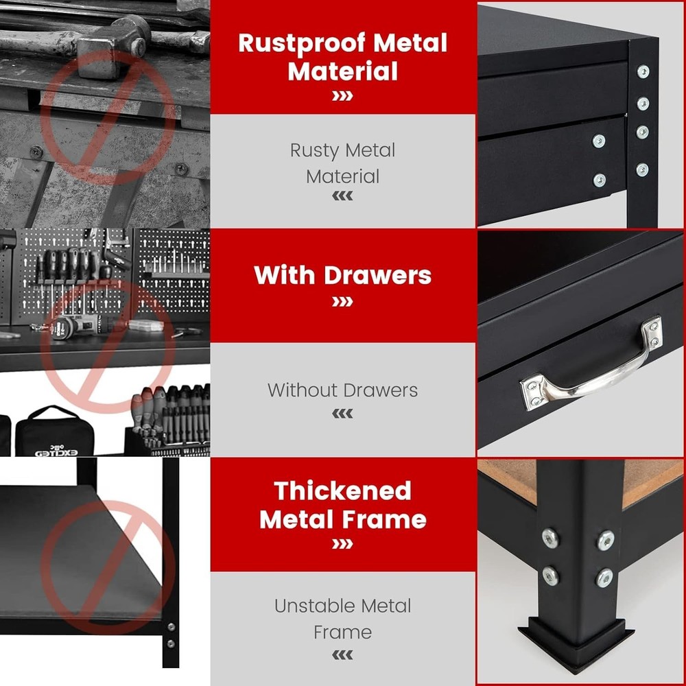 Robust 48" x 24" Heavy Duty Workbench with Pegboard & 2 Drawers - Easy Assemble