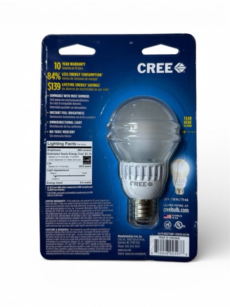 CREE Soft White LED 60W Dimmable Bulb 2700K/800 Lumens