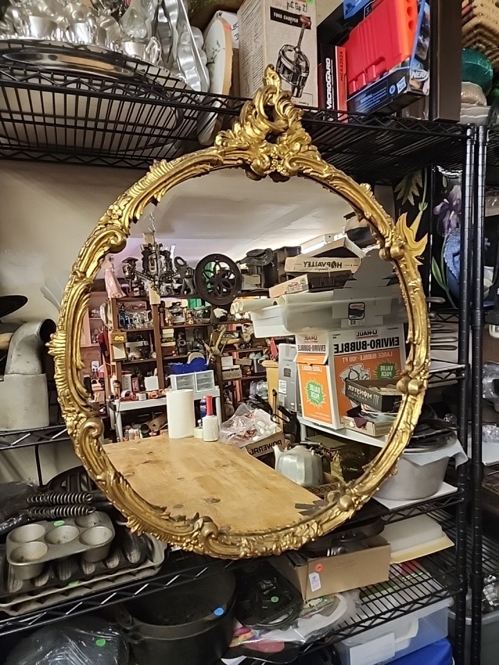 Antique 19th Century Round Giltwood Mirror Rococo Crest Gold Gesso Frame