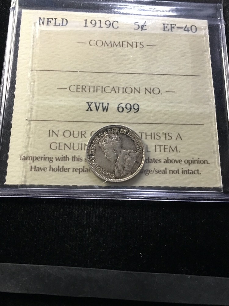 1919c ICCS Graded Newfoundland Five ¢5 Cent, **EF-40**