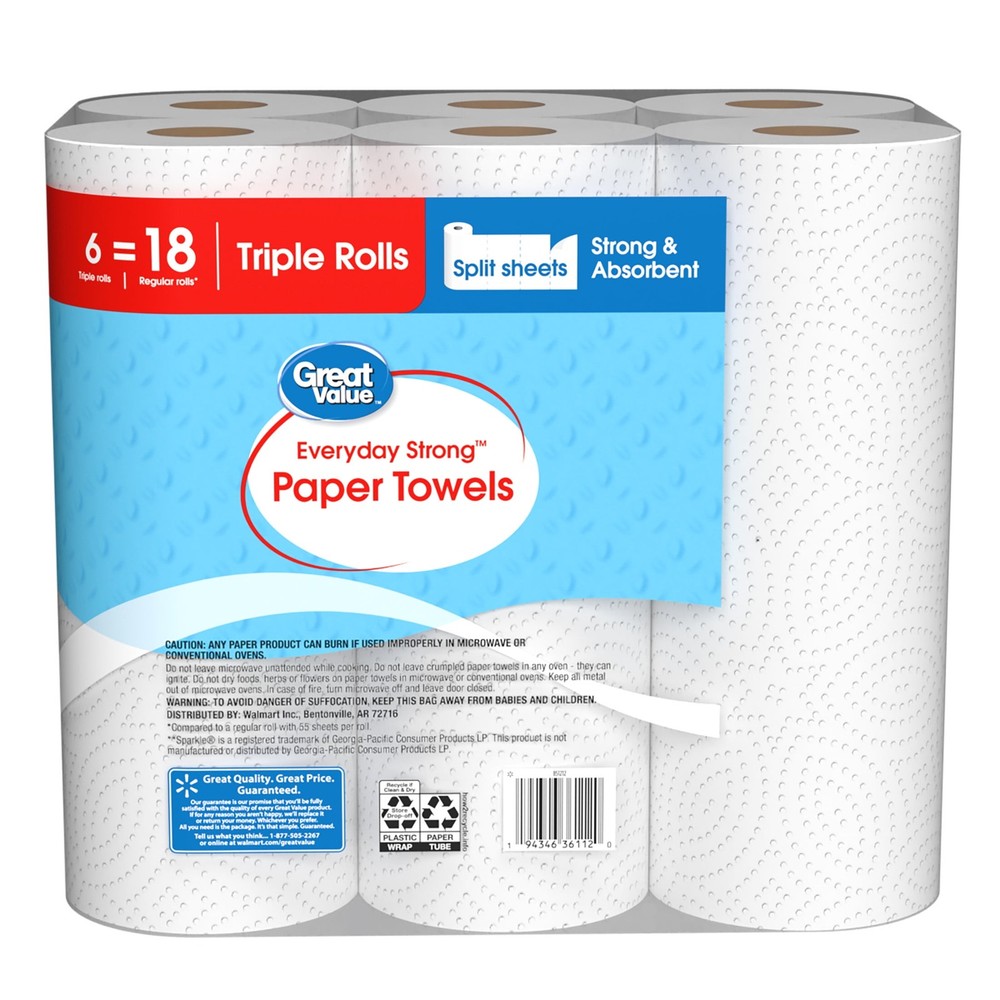 Great Value Paper Towels, 6 Triple Rolls Everyday Strong Split Sheets Strong Dry