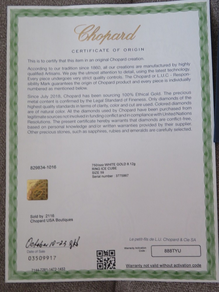 Chopard Ring Ice Cube Certificate of Origin and Warranty Certificate