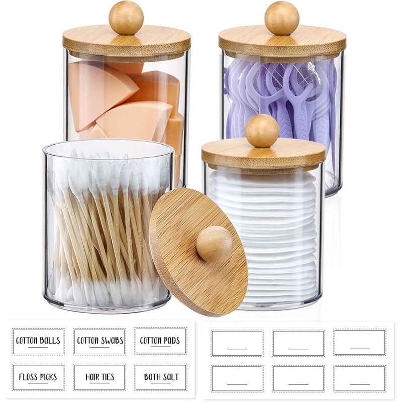 4 Pack Qtip Holder Dispenser with Bamboo Lids 10 oz Clear Plastic Jar Container
