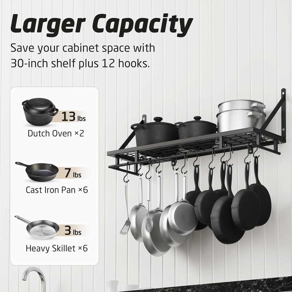 30-Inch Kitchen Pan Pot Rack Wall Mounted Hanging Storage Organizer Wall Shelf w