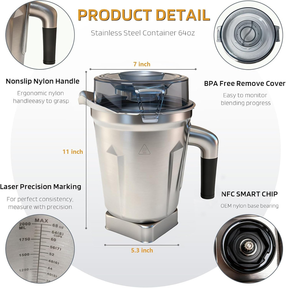 Built-In Chip 64Oz Stainless Steel Container Blender Pitcher, Replacement Jar Co