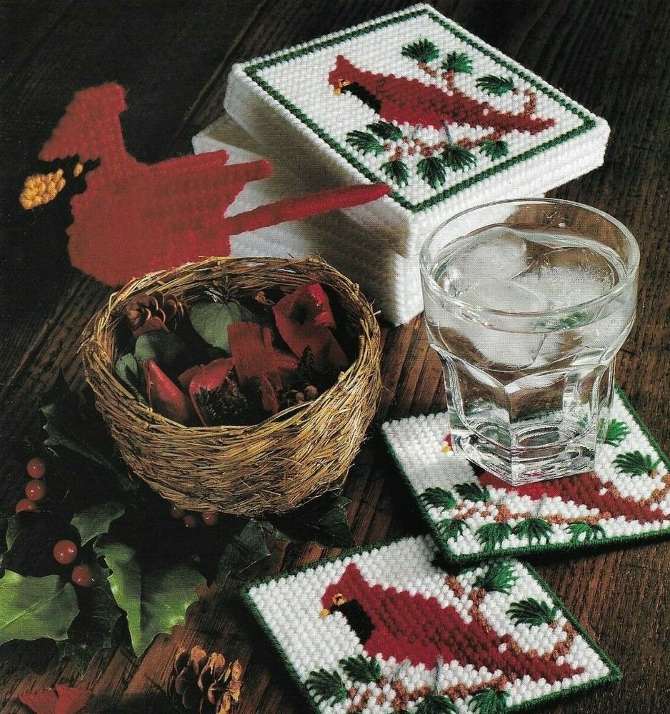 CARDINAL COASTERS & STOCKING CHRISTMAS PLASTIC CANVAS PATTERN INSTRUCTIONS