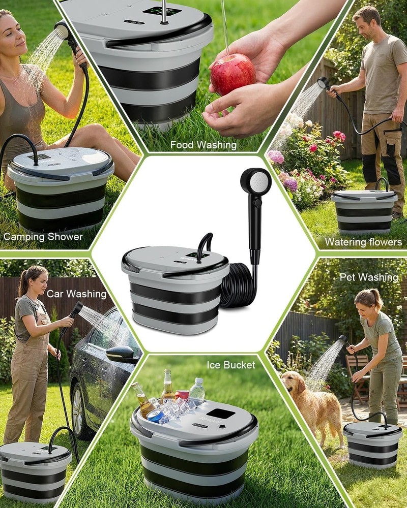 Portable Camping Shower 20L Bucket LED Display Temperature Battery