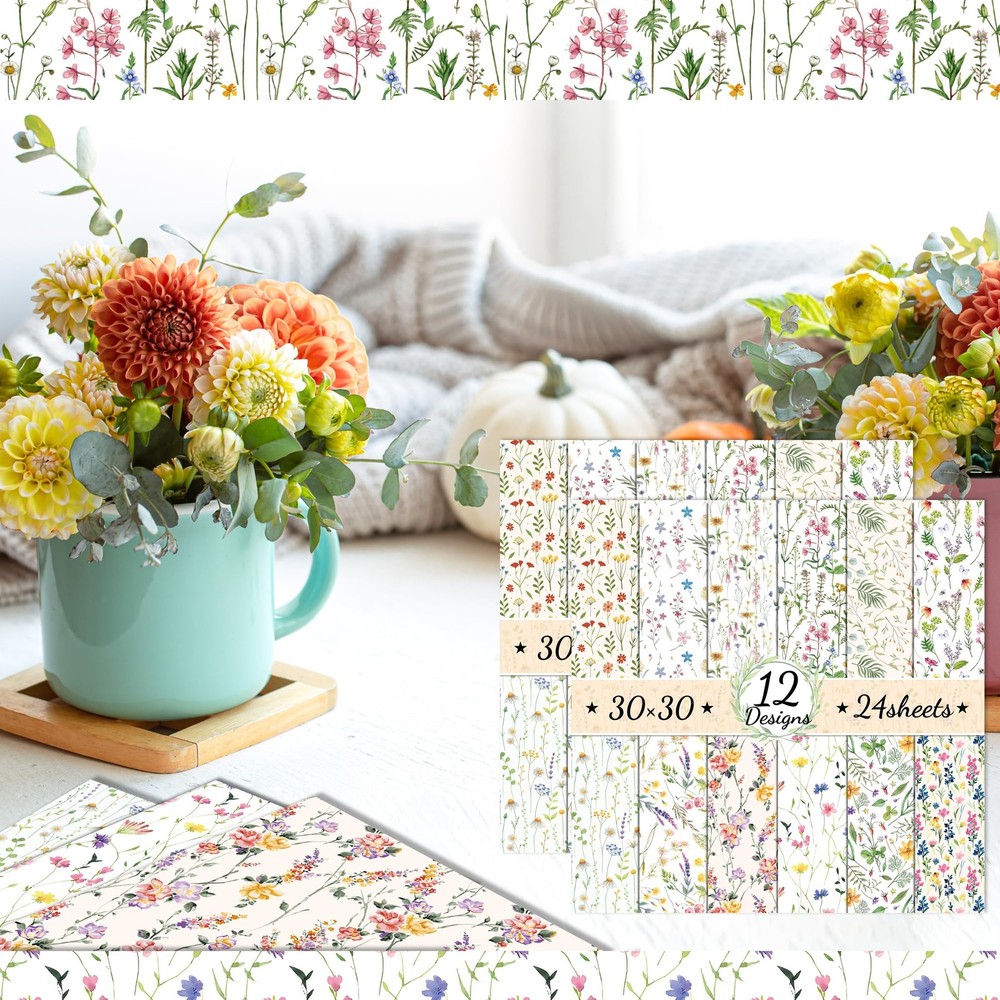 24 Sheets Wildflower Pattern - 12" x 12" Spring Wildflower Scrapbook Pad with...