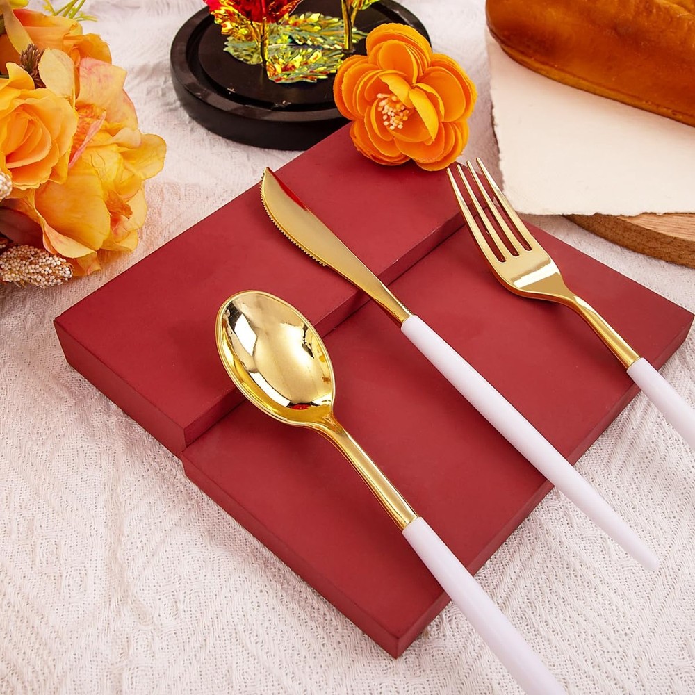 Rubtlamp 96 Pcs Gold Plastic Silverware, Gold Plastic Utensils with White Han...