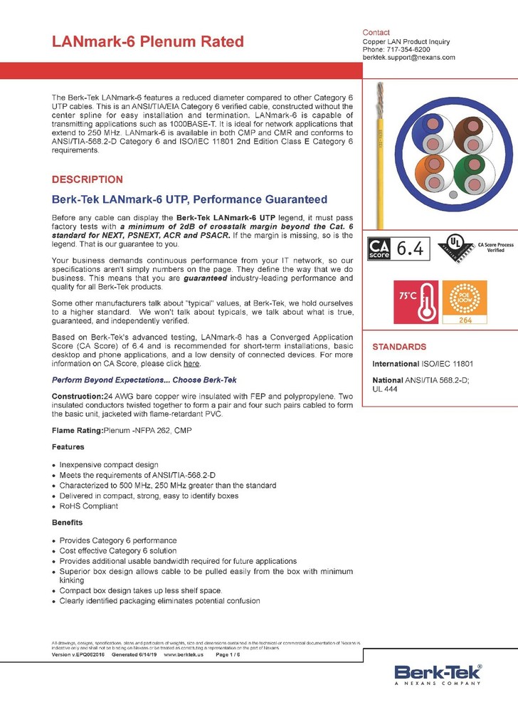 Berk-Tek 24/4P LANmark 6 CAT6 Plenum U/UTP Network Cable CMP White /100ft