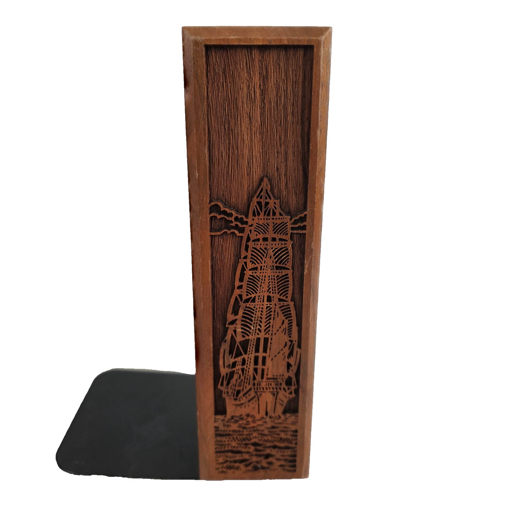Solid Walnut Laser Engraved Ship Bookends Black Metal Base Plate Nautical Theme