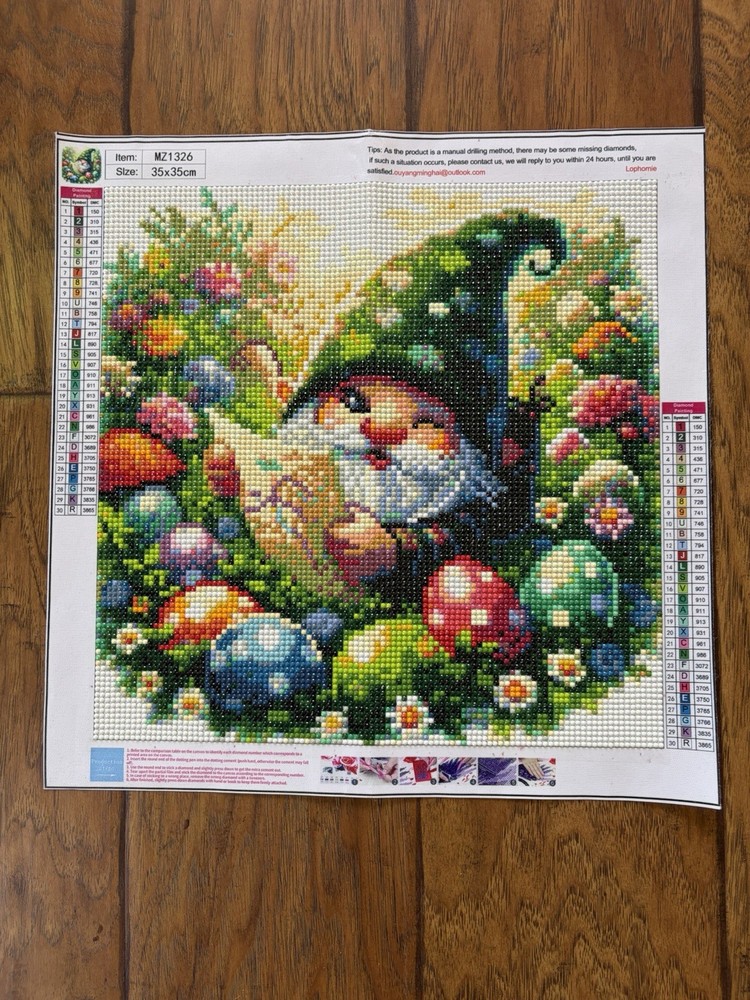 Completed Easter Gnome Diamond Art Painting 13.75” x 13.75”