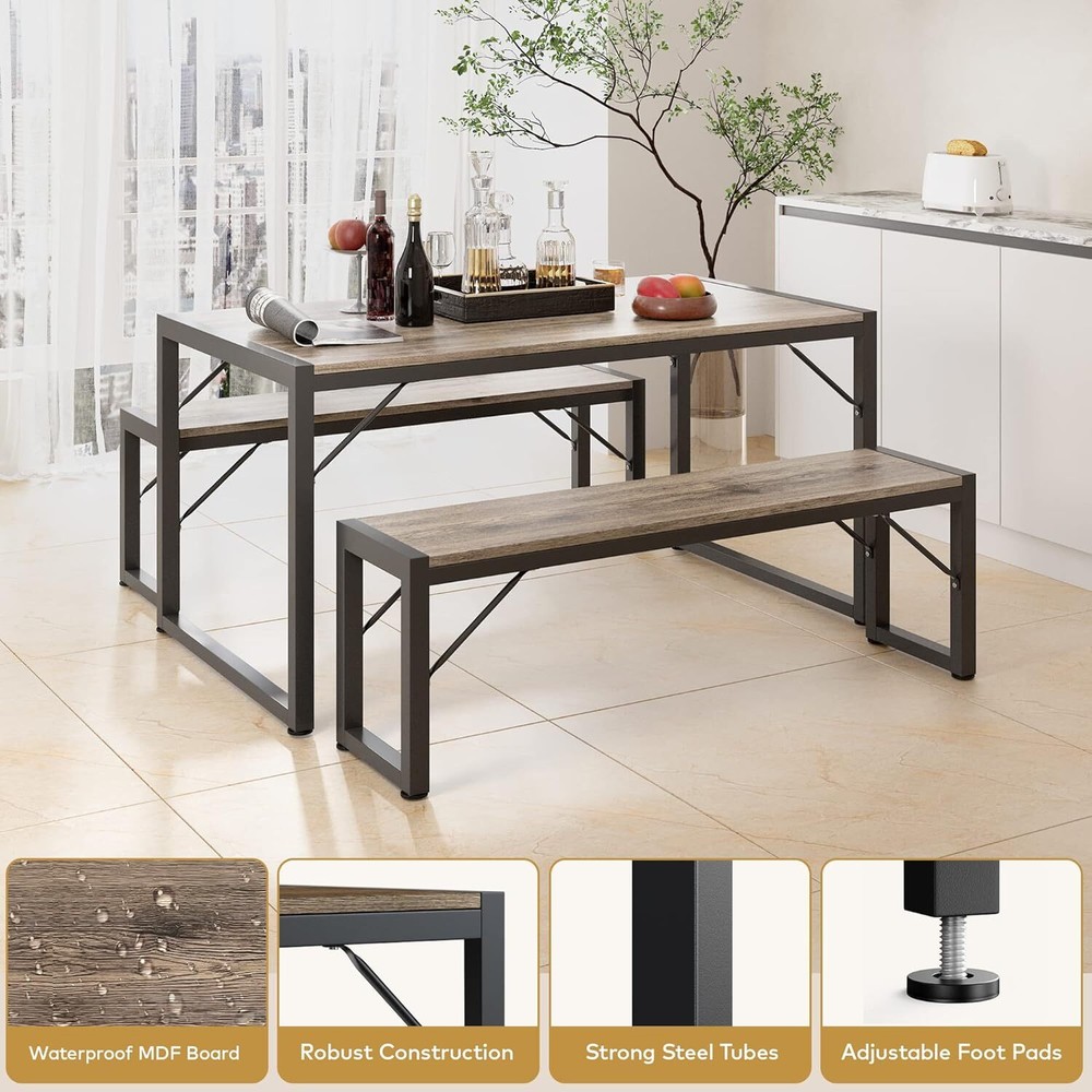 45.5" Dining Table Set for 4 with 2 Benches, Kitchen Table Set with Metal Frame