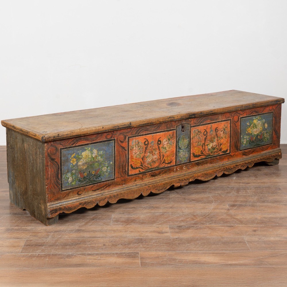 Long Narrow Hand Painted Pine Trunk Bench, Dated 1889