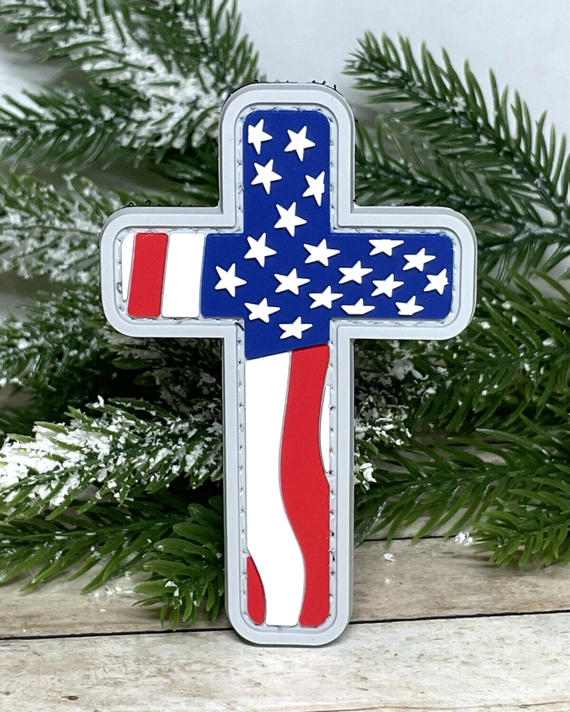 Cross PVC Patch - Tactical Morale Patch - USA Flag Patch -Religious - Hook Back
