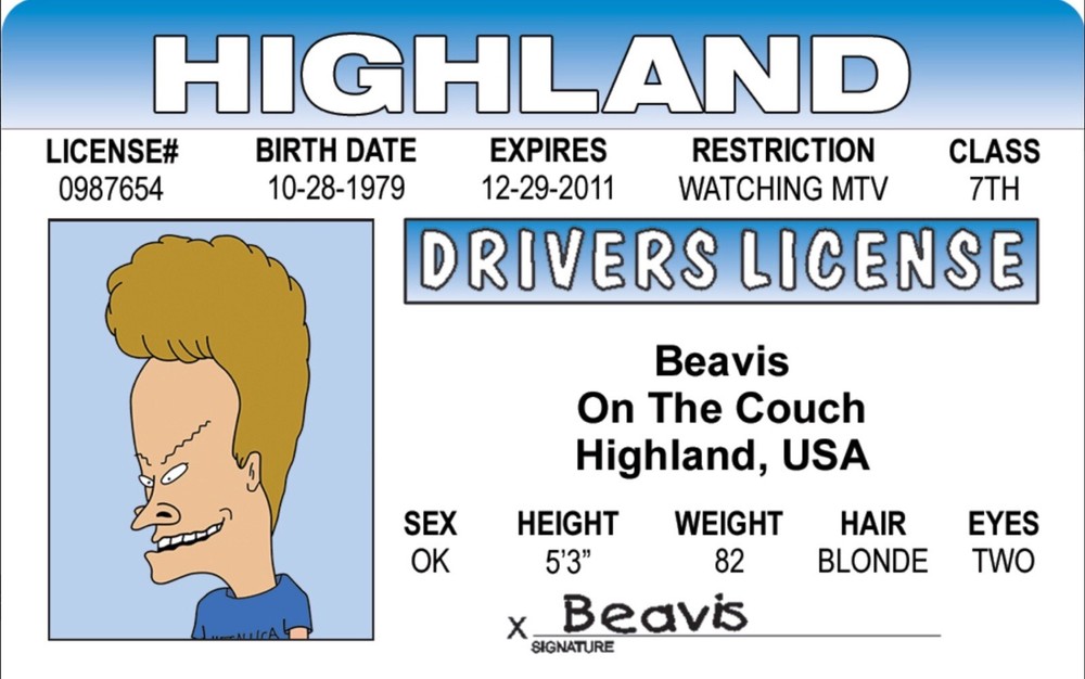 Beavis Drivers License 3.4” X 2.2” Laminated ID Card.