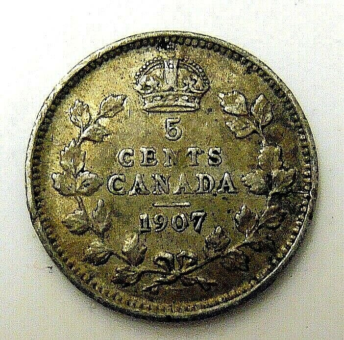 1907 NICE PROBLEM FREE CANADA 5 CENT SILVER, FREE SHIPPING IN USA