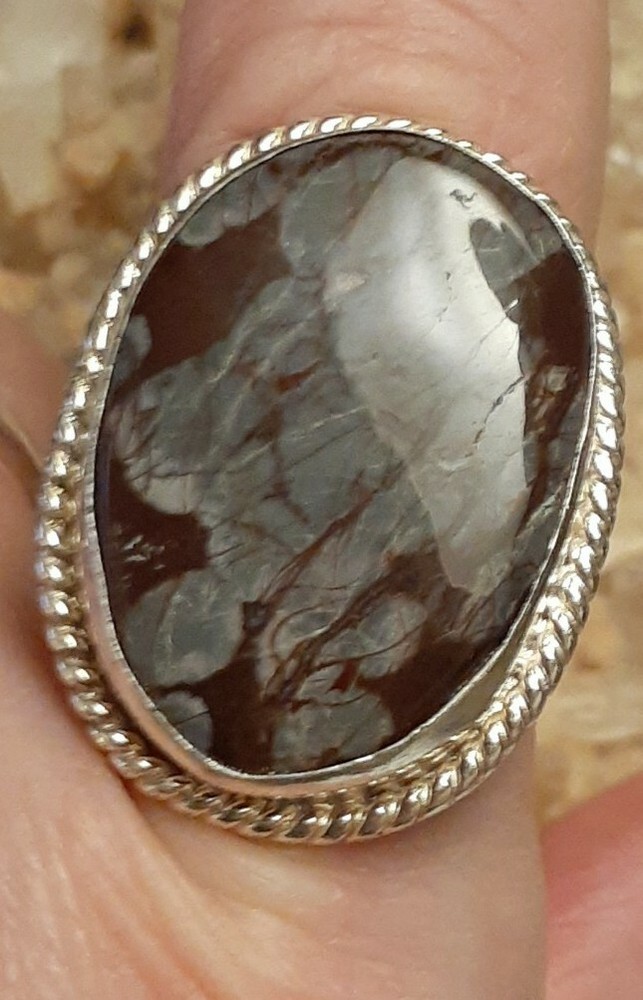 Artisan 925 Silver Brown Gray Agate Oval Ring Size 8.5