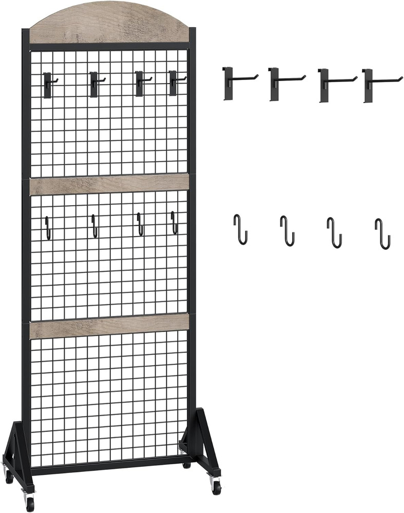 Movable Grid Wall Panel Display Rack with Wheels & Hooks - Greige/Black