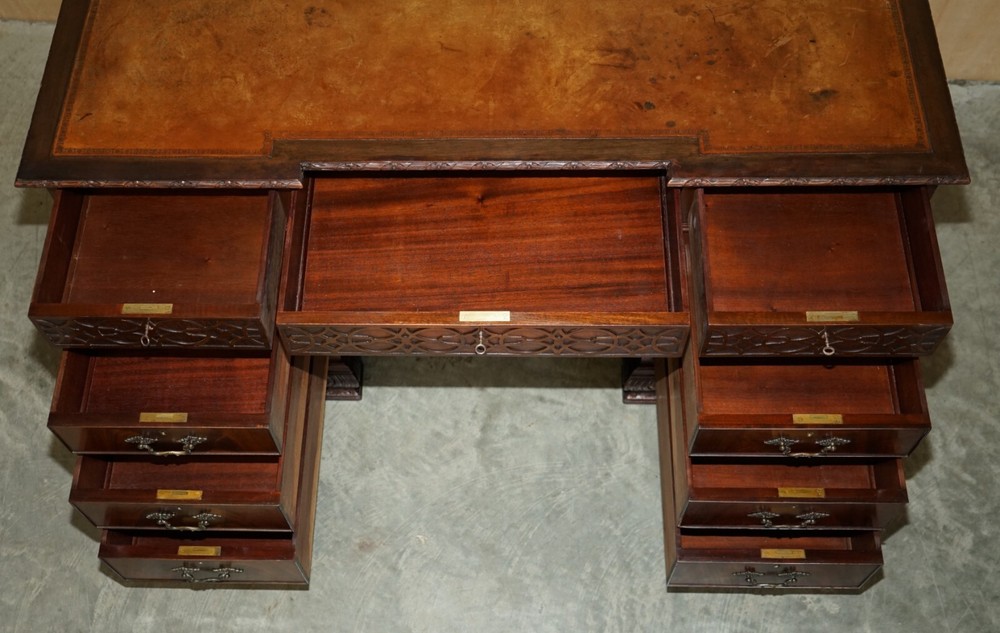 ANTIQUE THOMAS CHIPPENDALE REVIVAL INVERTED BREAKFRONT PARTNER DESK LEATHER TOP