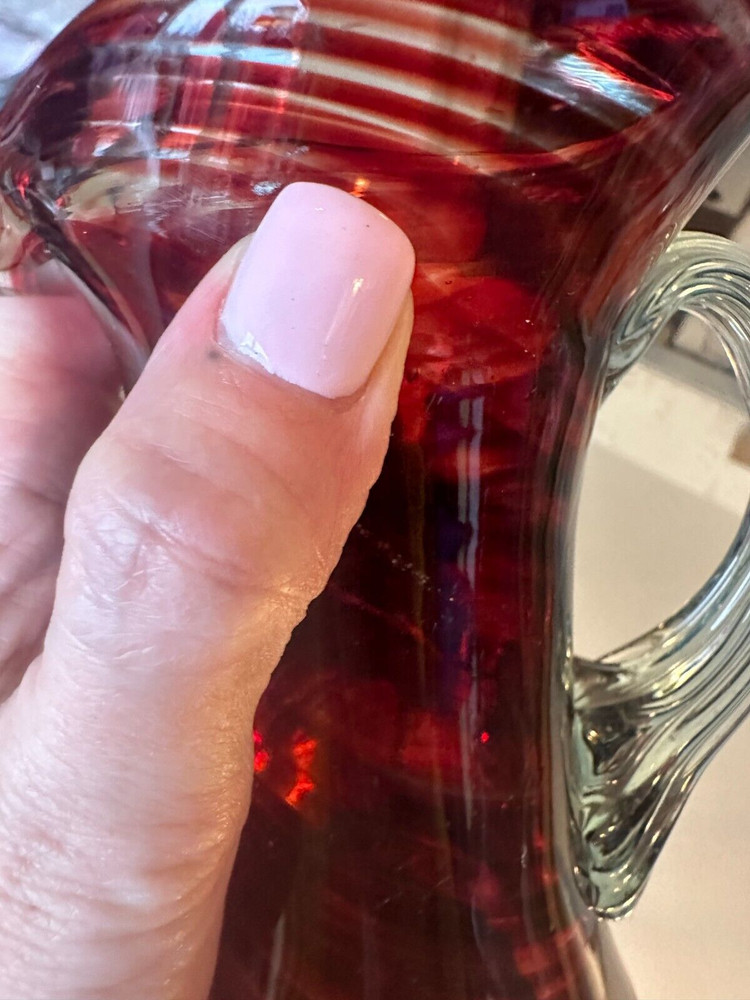 Hand blown Glass Ruby Red Pitcher Applied Ribbed Clear Glass Handle Bubbles Read