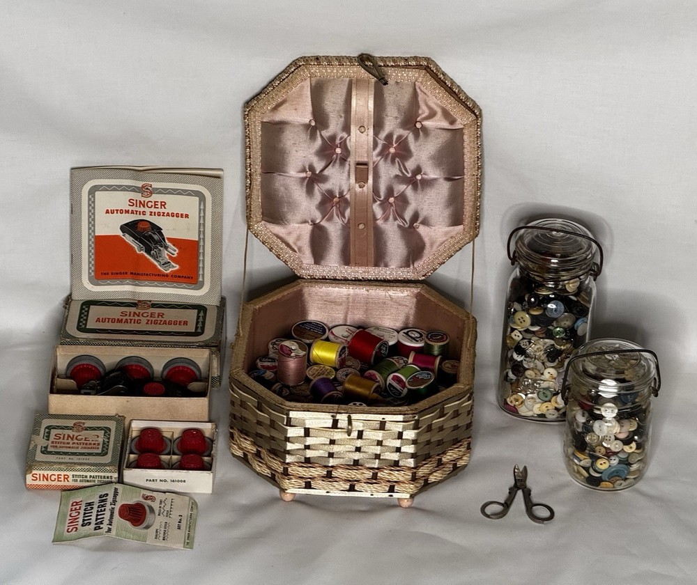 VTG Sewing Notions Lot Octagonal Basket Button Jars Thread & Seger Zigzager