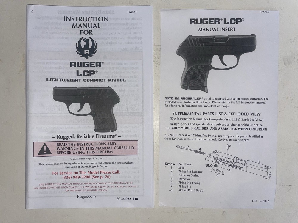 Original Ruger LCP Pistol Owners Instruction Manual with an insert