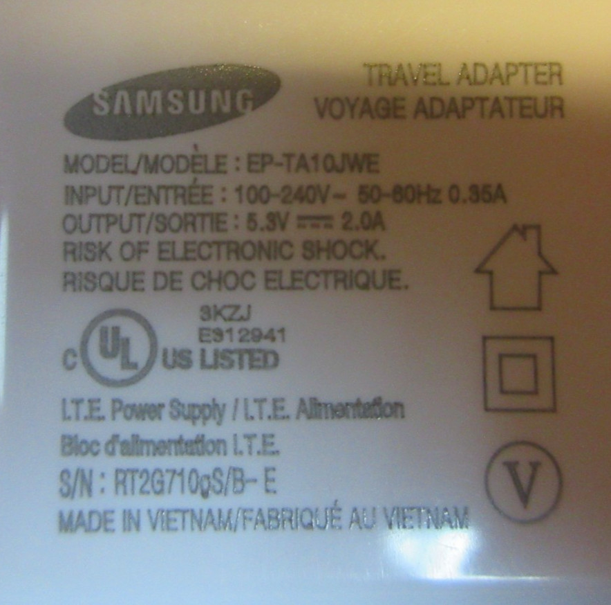 SAMSUNG GALAXY TABLET USB A CHARGER RT2G710GS/B-E