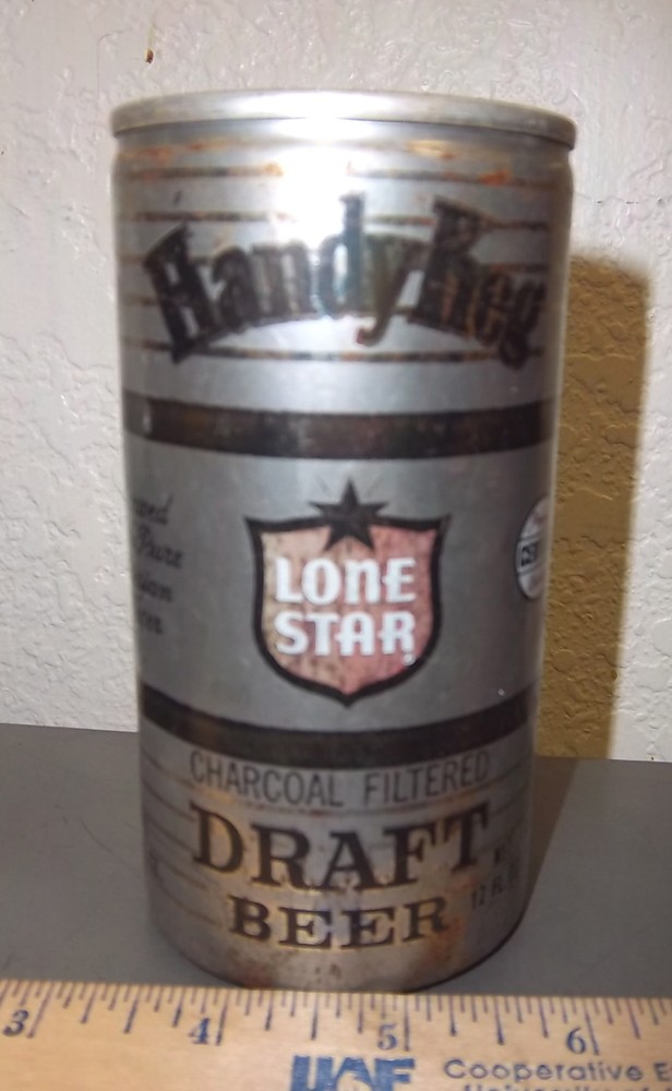 Lone Star Draft beer can, handy keg style, unusual bottom, great graphics