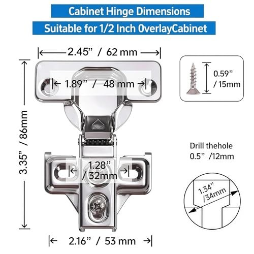 Cabinet Hinges - Pack for 1/2 inch Overlay Cabinet, Face Frame Concealed 60