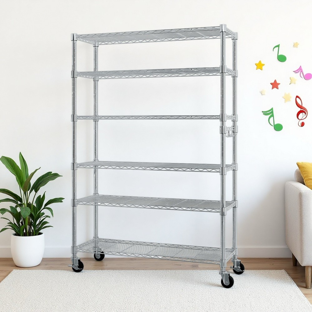 6-Tier Rolling Wire Shelving Unit - Heavy Duty, Adjustable, Silver & Hooks