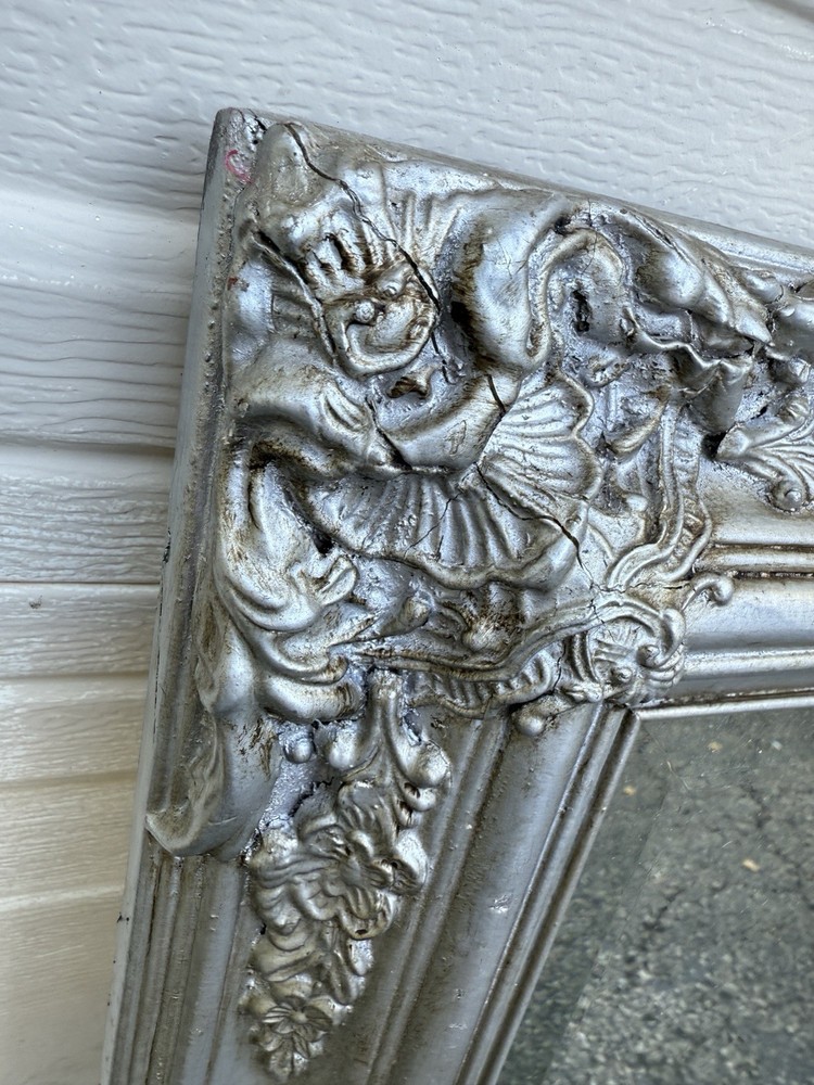 vintage FRENCH STYLE RECTANGULAR WALL MIRROR ORNATE SILVER FRAME Beveled Glass