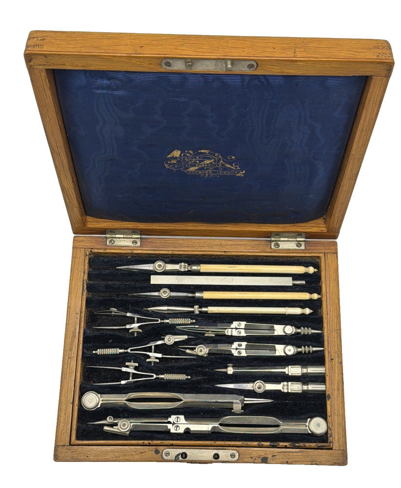 STANLEY LONDON ANTIQUE VICTORIAN ENGINEERING DRAFTING INSTRUMENT SET - OAK CASE