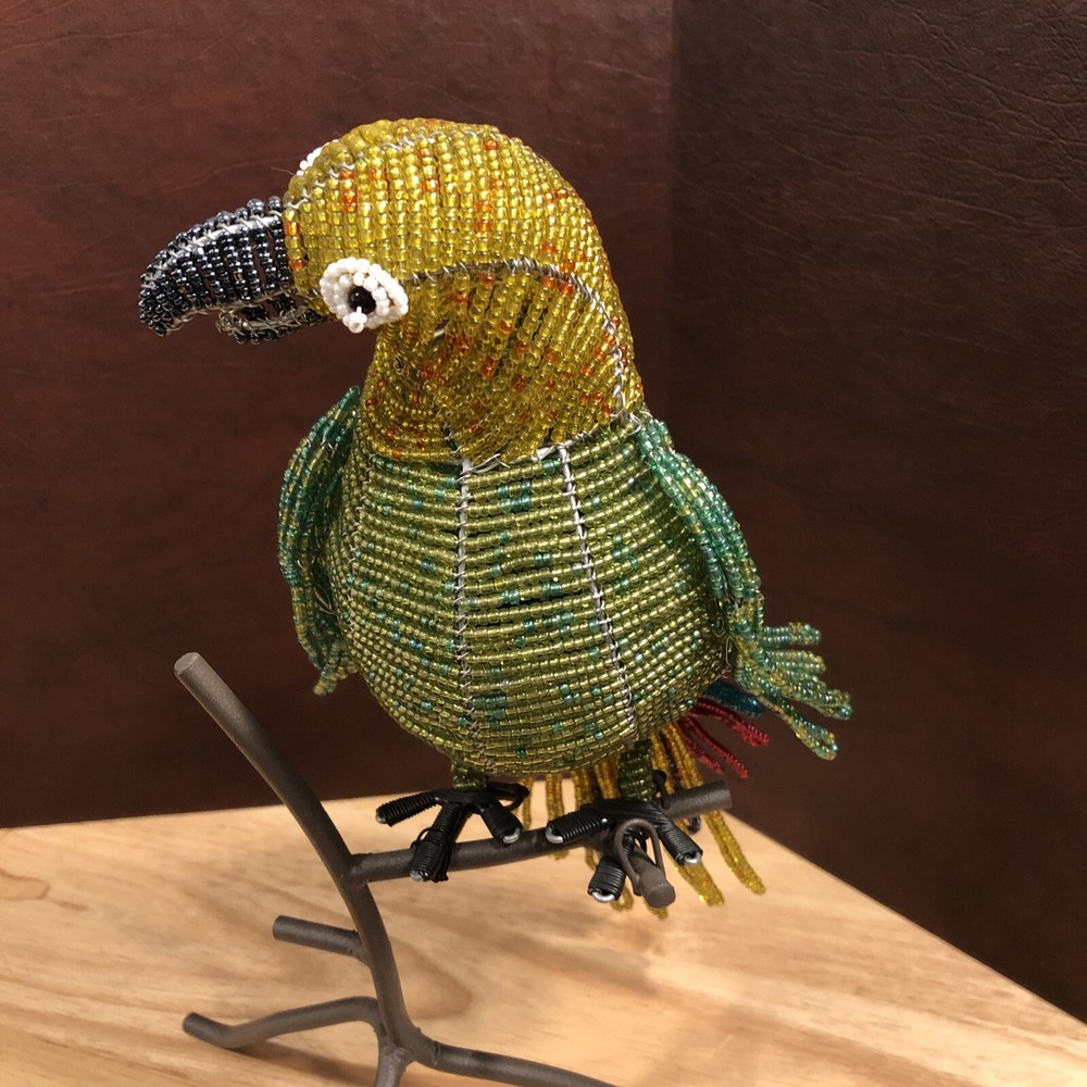 Parrot Sculpture with perch on stand Beaded Beautiful