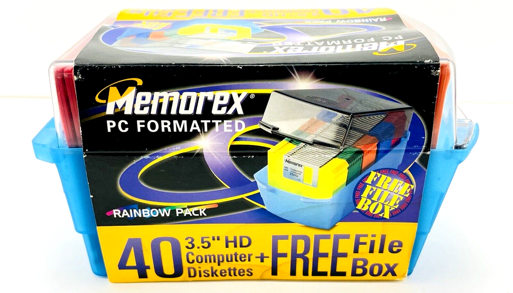 Memorex PC Formatted 3.5" HD 1.44MB Computer Diskettes Rainbow 40 Pack File Box