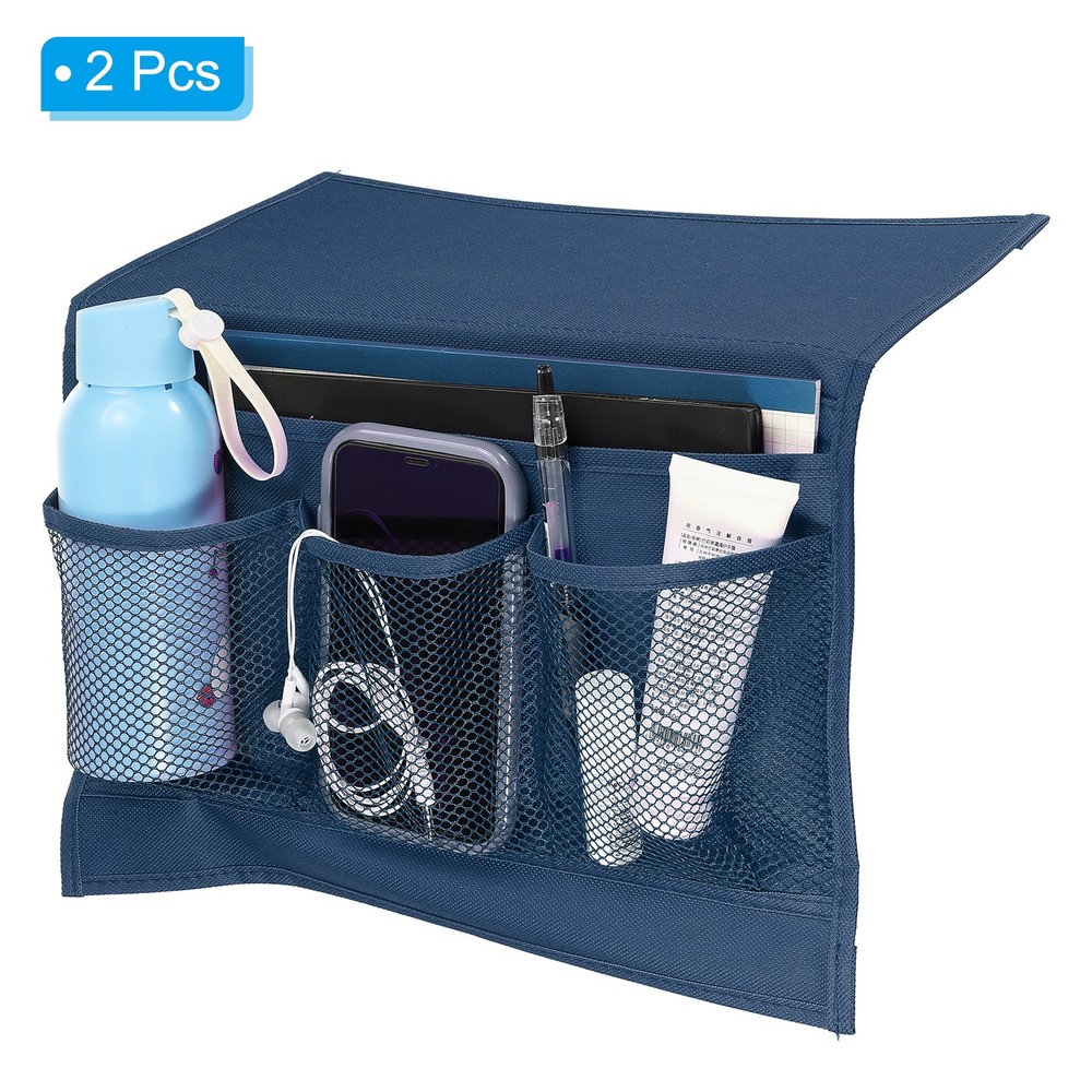 2pcs Bedside Caddy, Bed Caddy Bedside Organizer Bed Hanging Caddy 4 Pocket,Blue