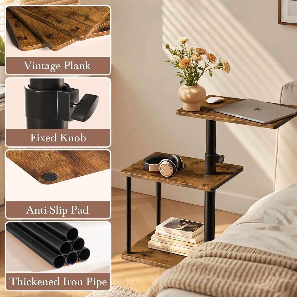 360° Swivel Side Table Height Adjustable C Shaped End Table Couch W/ Storage