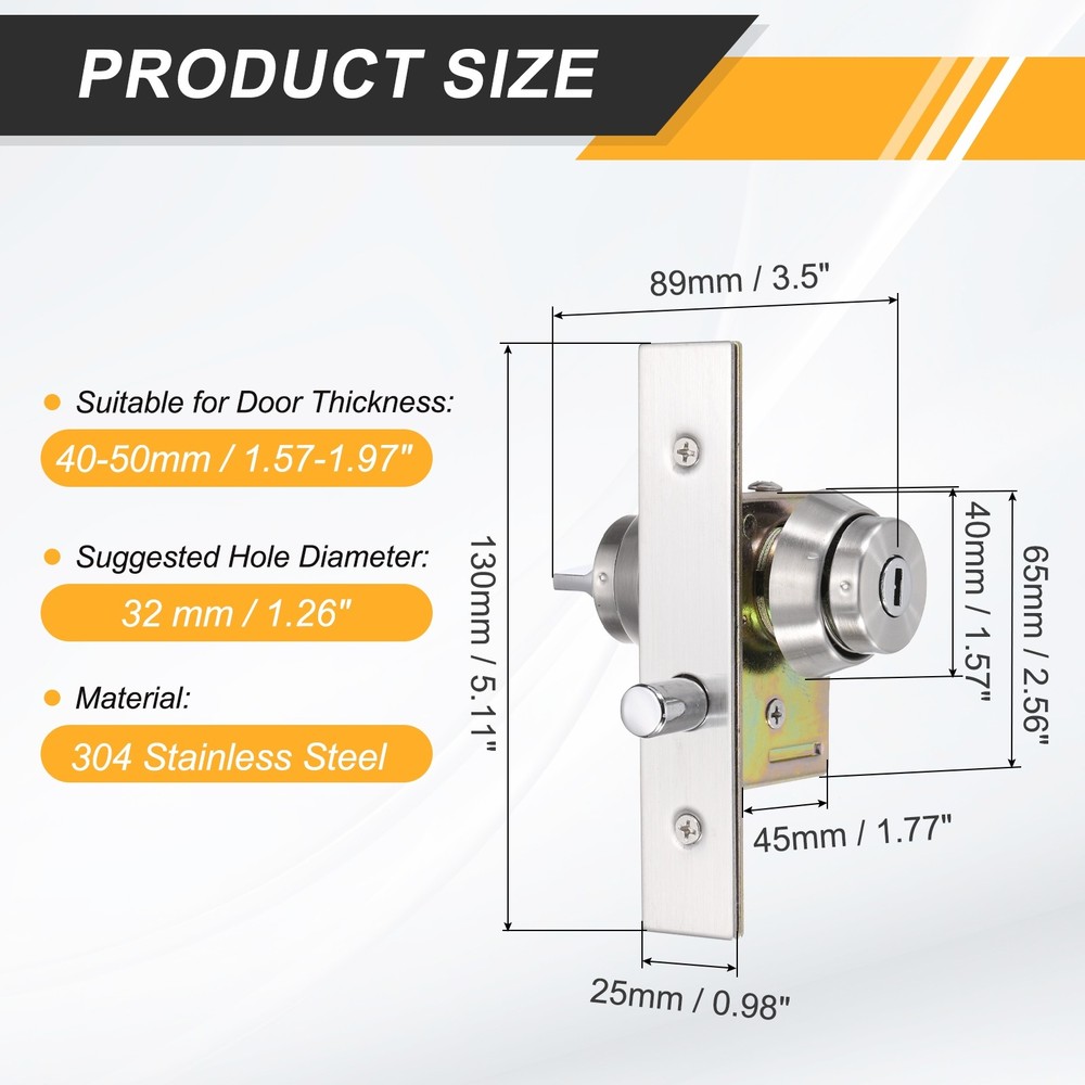 Storefront Door Mortise Lock Circle Bolt with Internal Lock 3 Keys, Silver
