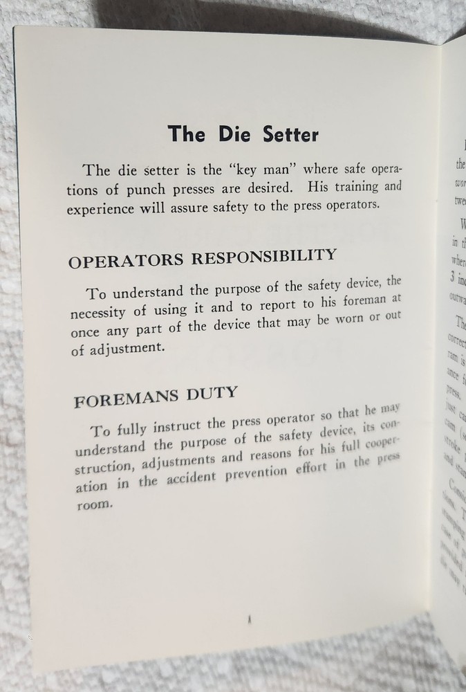1959 & 1968- Possons Pullback Safety Devices Maintain Adjust Die Setting Manual