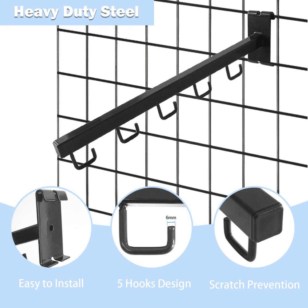 7RiversART 5 Pack Gridwall Waterfall Faceout with 5 Hooks 16‘’, Black