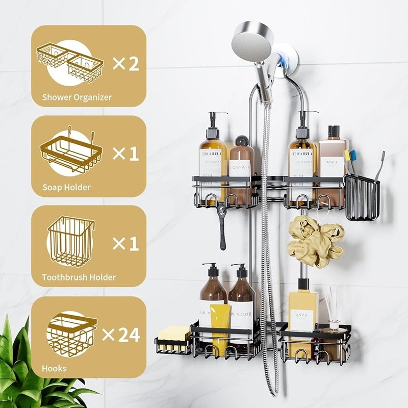 Rustproof Shower Caddy Wall Handheld Tool-Free Large Storage Organizer Hooks New