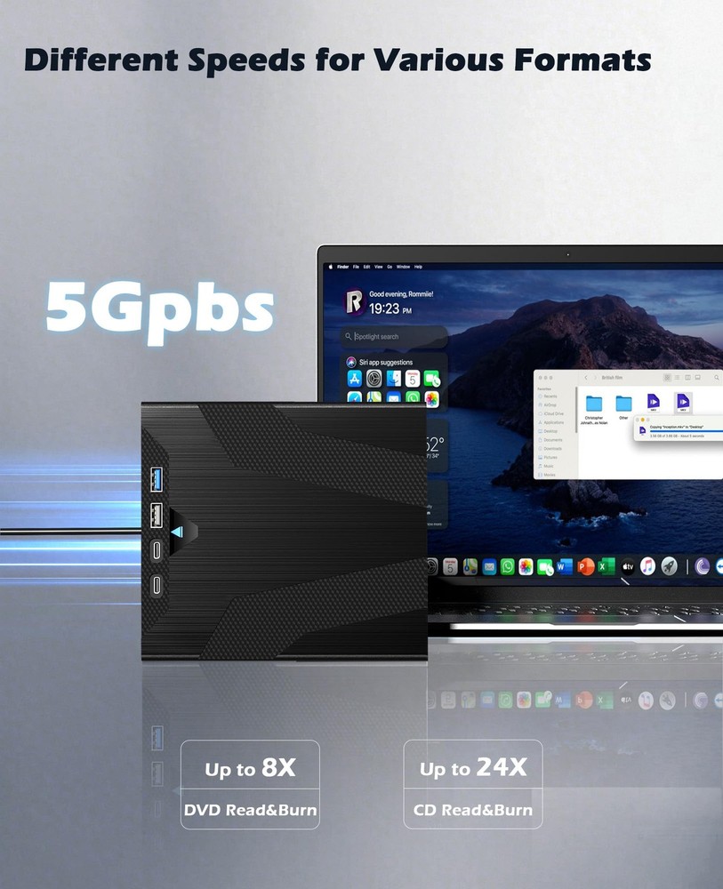 Wbacon 8 in 1 External CD/DVD Drive for Laptop, Slot-Loading CD Reader for La...