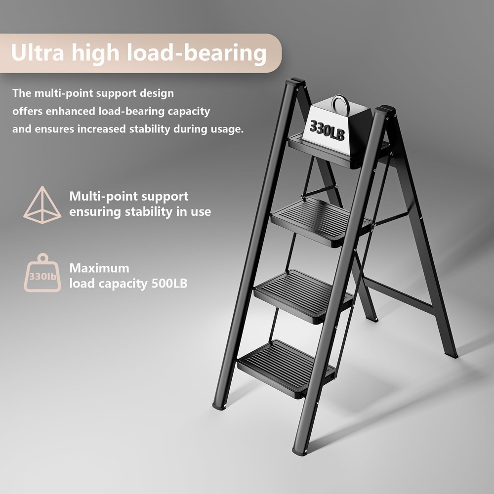 KOLL LINK Step Ladder 4 Folding, Sturdy 330 Lbs 4 step ladder, Black