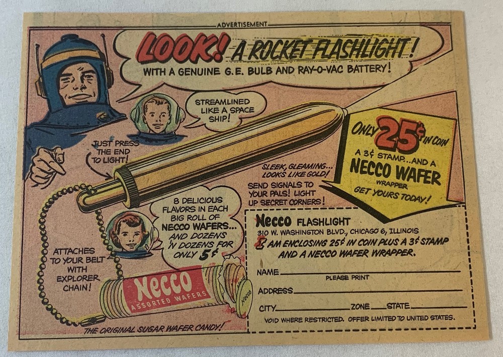 1953 Necco Wafers premium ad ~ ROCKET FLASHLIGHT